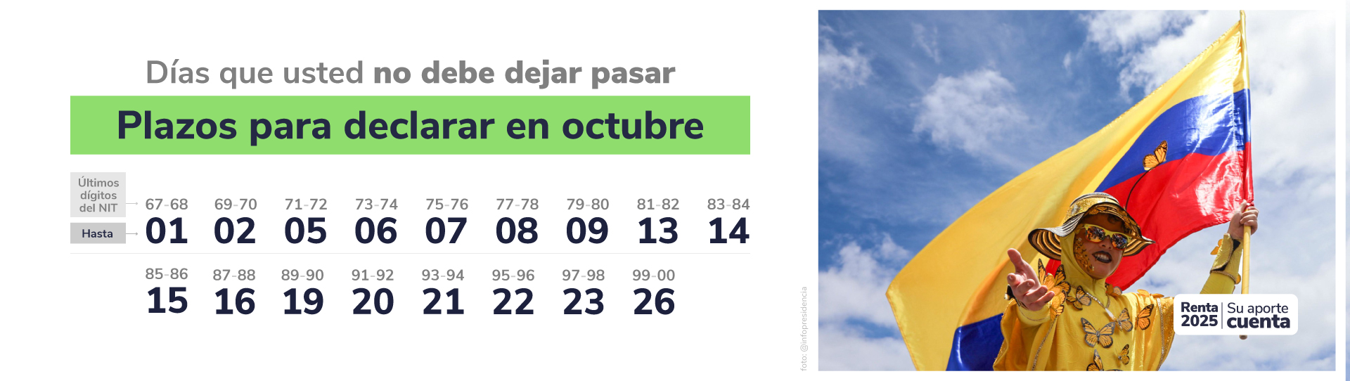 Calendario DIAN octubre con fechas límite por últimos dígitos del NIT y persona sosteniendo bandera de Colombia.