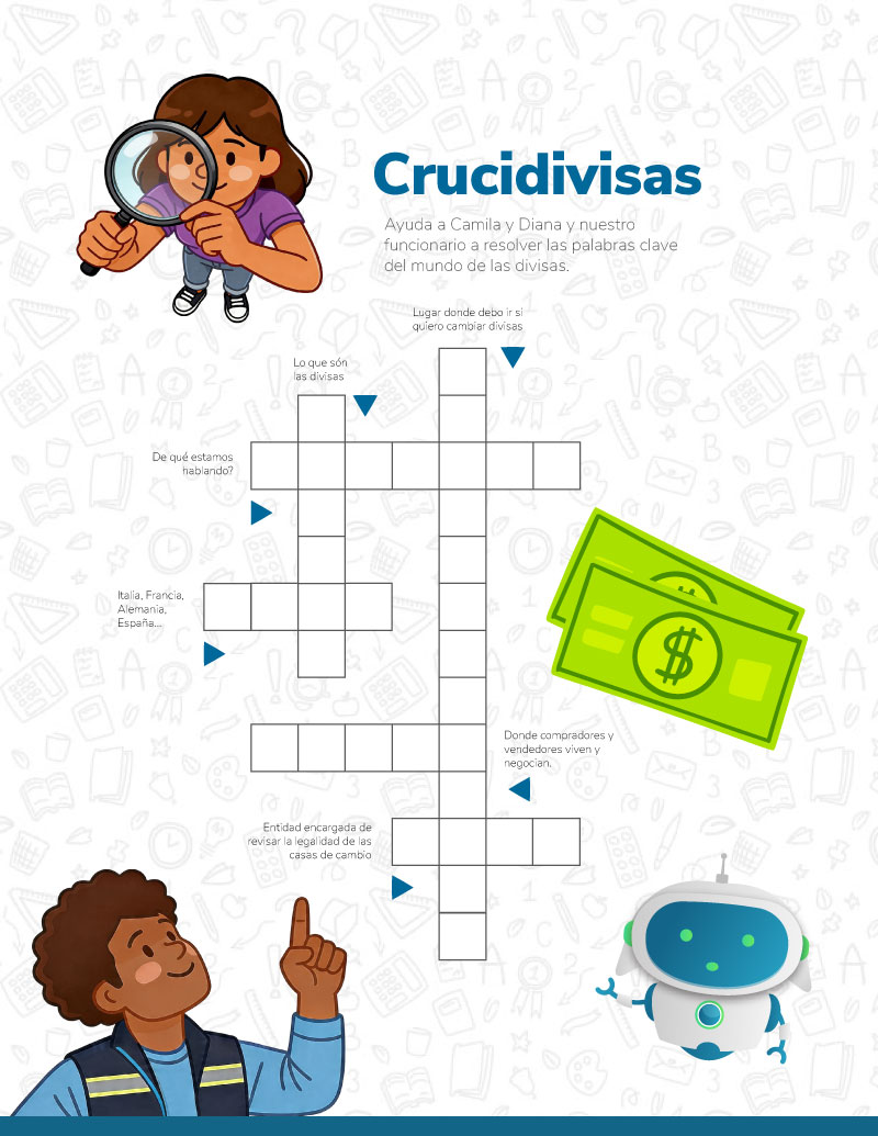 Cartilla de divisas para niños y adolescentes – Página 10: actividad crucigrama Cartilla de divisas para niños y adolescentes – Página 10: actividad crucigrama