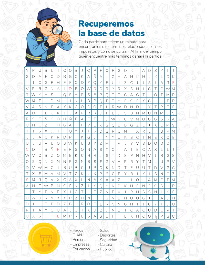Cartilla de impuestos para niños y adolescentes – Página 12: actividad sopa de letras Cartilla de impuestos para niños y adolescentes – Página 12: actividad sopa de letras